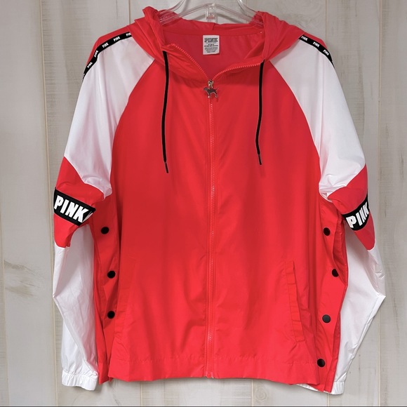 VS Pink Coral Neon Orange Full Zip Hooded Windbreaker Anorak Jacket M/L - Picture 1 of 7